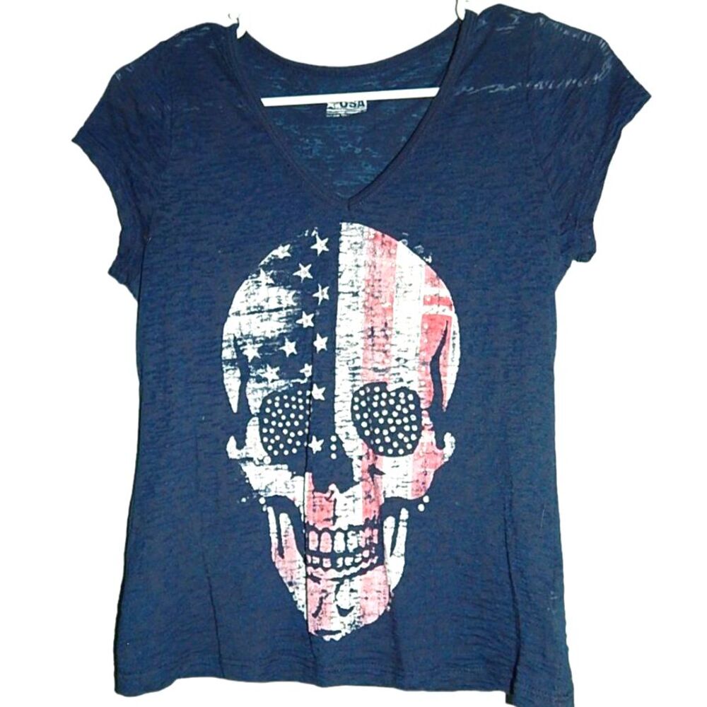 Self Esteem Women's Juniors Small Navy Patriotic Skull Burnout V‑Neck T‑Shirt